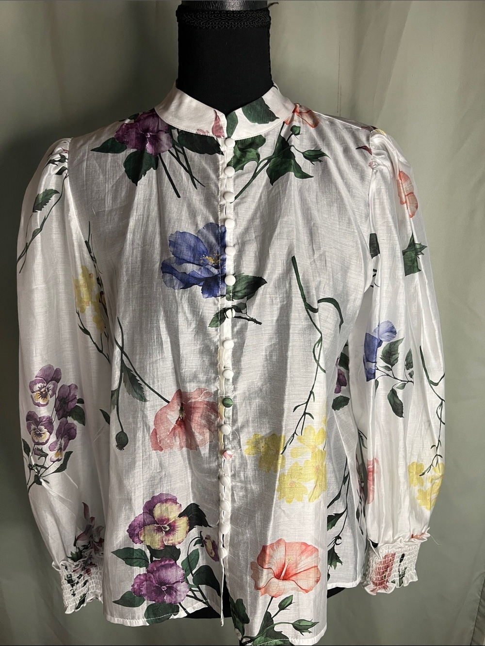 Bailey 44 White Floral Button-Up Blouse with Puff Sleeves